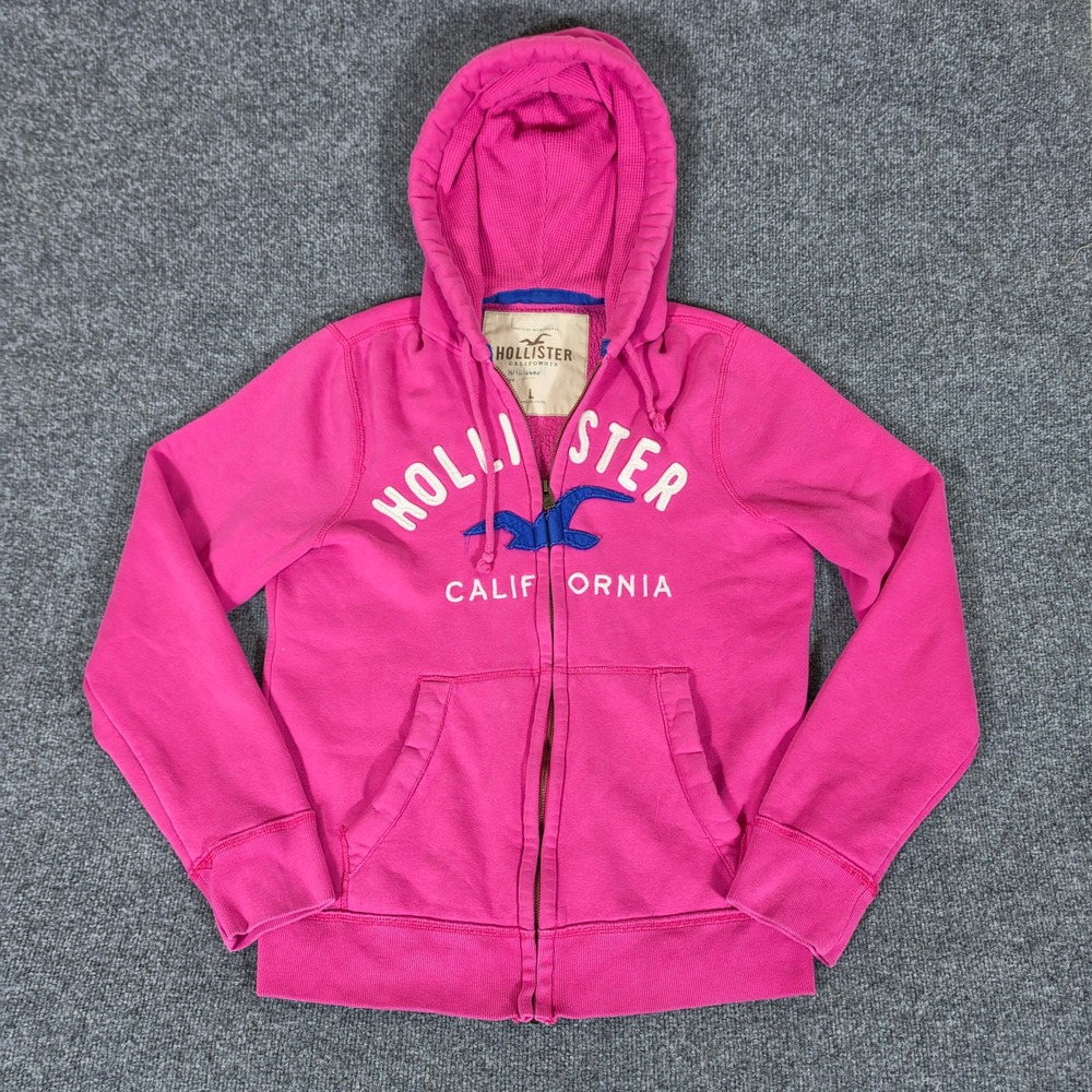 Y2K 2000s Hollister Mens Pink Full Zip Hoodie Graphic Sweatshirt Size Large